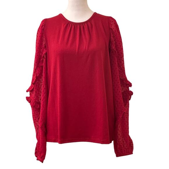 Loft Red Blouse Sheer Polka Dot Long Sleeve Size Medium - Picture 1 of 10